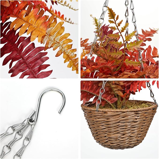 Hollyone Fall Hanging Baskets Small Artificial Fern Orange 21 Leaves Fall Hanging Decor Plant Boston Ferns Silk Plants with Brown Rattan Baskets Outdoors Indoor Fake Fern Autumn Decorations for Home