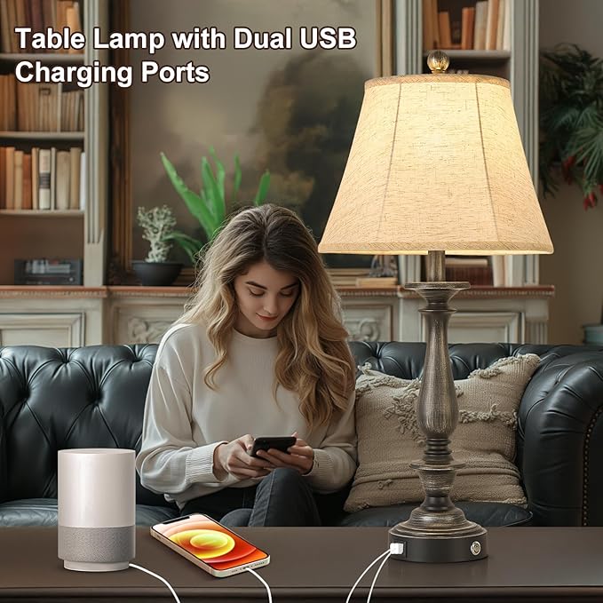 AIDENOEY 28.5" Traditional Table Lamp Set of 2, Rustic Farmhouse Table Lamps for Living Room Bedroom, Bedside Desk Lamps Vintage Nightstand Lamps with Silk Fabric Shades, Antique Silver Table Lamp