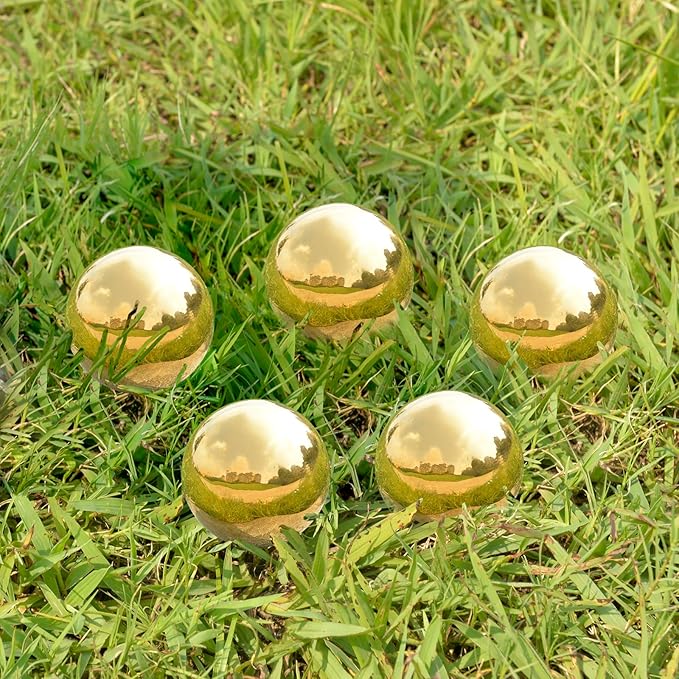 Nerien Gazing Ball, 2 Inch Stainless Steel Garden Mirror Globe, Polished Ornament Sphere, Hollow Floating Reflective Hemisphere, for Home Outdoor Pond Housewarming Swimming Decoration, Gold, 5pcs