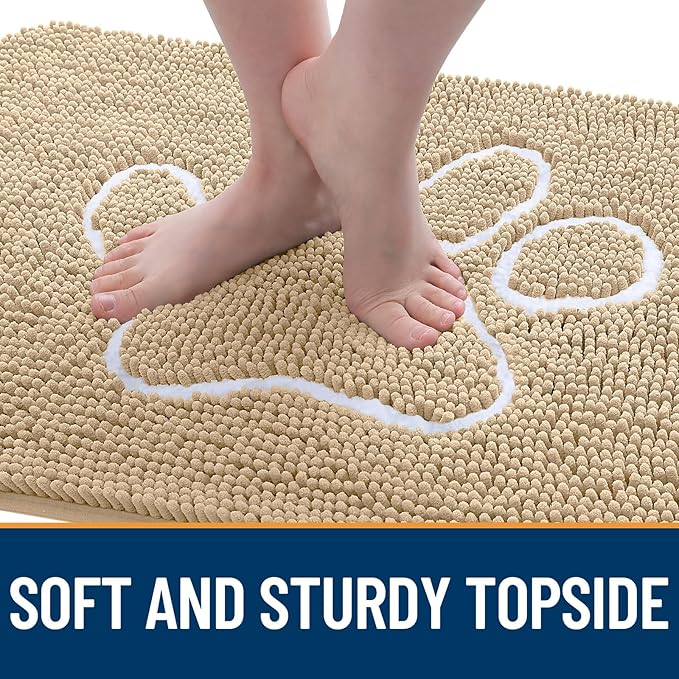 OLANLY Dog Door Mat for Muddy Paws 47x32, Paw Print Design, Absorbs Moisture and Dirt, Absorbent Non-Slip Washable Doormat, Quick Dry Chenille Mud Mat for Dogs, Entry Indoor Entryway Carpet, Beige