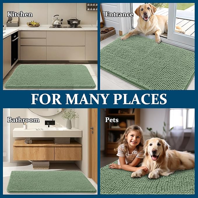 OLANLY Dog Door Mat for Muddy Paws 30x20, Absorbs Moisture and Dirt, Absorbent Non-Slip Washable Doormat, Quick Dry Chenille Mud Mat, Entry Indoor Entryway Carpet for Inside Floor, Olive Green