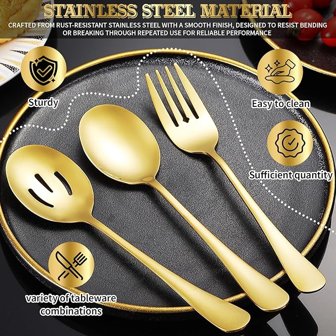 24pcs Serving Utensils Set, Large Stainless Steel Serving Utensils - Durable for Buffets, Dinner Parties, Weddings and Restaurants (GOLD)