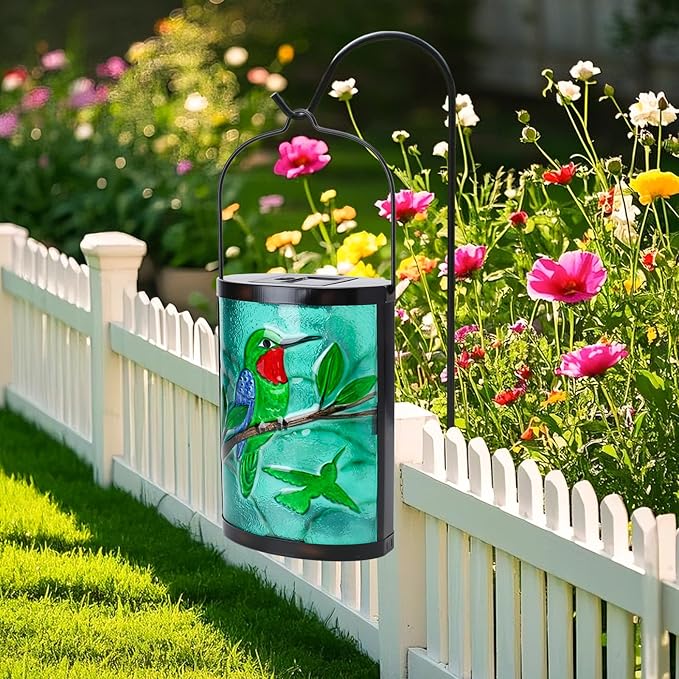Hanging Solar Lantern Outdoor Waterproof Hummingbird Solar Lights Glass Tabletop Decorative Lamp for Outdoor Patio Garden Outside Yard Decor