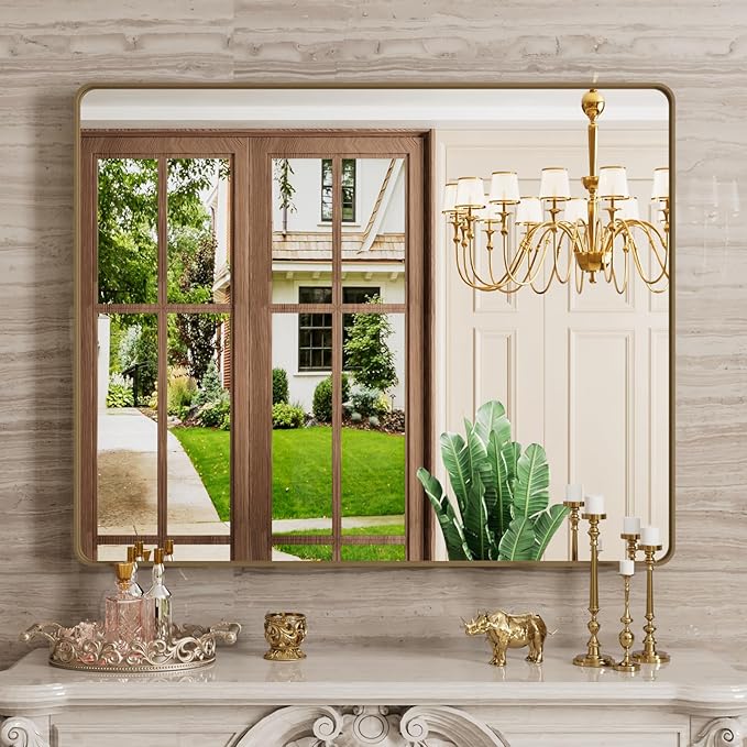 Bronze Bathroom Mirror 40x32 Inch, Brushed Bronze Metal Frame Mirror for Wall, Rounded Rectangle Bathroom Vanity Mirror with Tempered Glass, Anti-Rust, Horizontal/Vertical