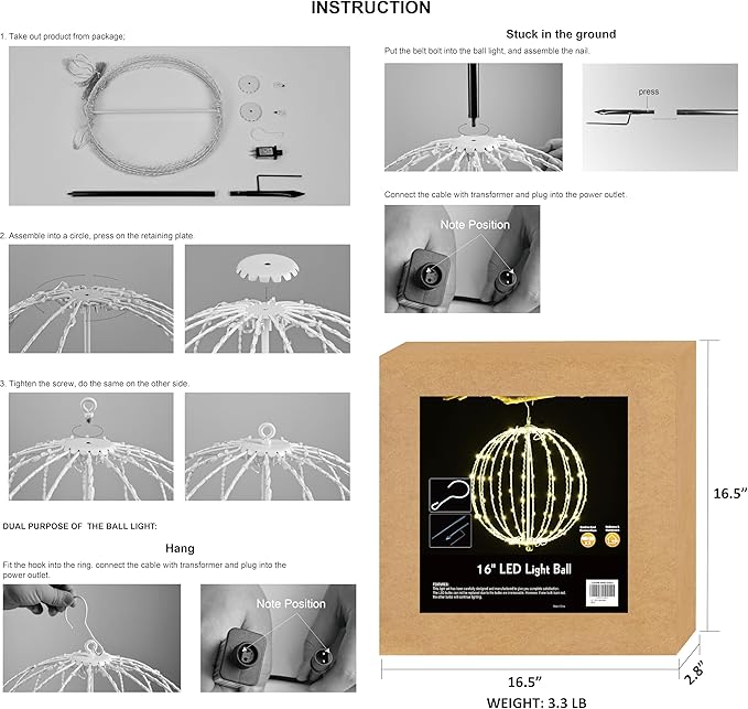 Lightshare 16IN 128LED Light Ball Yard Decoration Pathway Lights Sphere Light with Fold Flat Metal Frame Indoor Outdoor Waterproof Garden Lights, Plug in