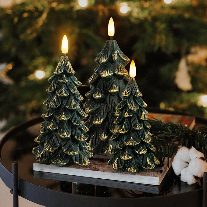 Green Christmas Tree Shaped Flameless Candles with Timer, Real Wax 3D Wick Flickering Battery Operated LED Candles for Christmas Home Party Decoration Set of 3