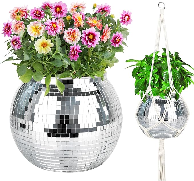 Disco Ball Planter, 1pcs 9” Silver Disco Ball Planter, Disco Ball Plant Hanger with Hanging Rope, Hanging Chain, Hook, Circle and Extra Mirror Pieces(9" Silver, 1pcs)