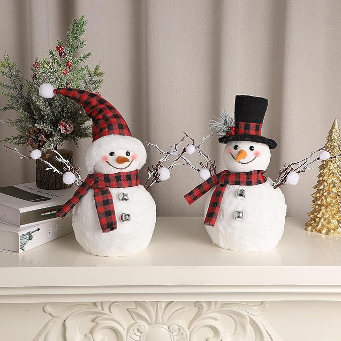 Lulu Home 2 Packs Christmas Snowman Decorations, 15.4" H Snowmen Wearing Buffalo Check Scarfs & Hats, Xmas Plush & Foam Tabletop Ornaments for Mantel Fireplace Window Sill Holiday Decor