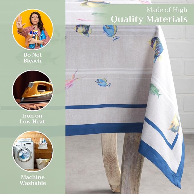 Maison d' Hermine Table Cloth Rectangle Table 100% Cotton 60 x 120 Inches Tablecloth Reusable Decorative Everyday Use for Dining Room, Farmhouse, Home, Party, Festive & Wedding Spring Summer - Poisson