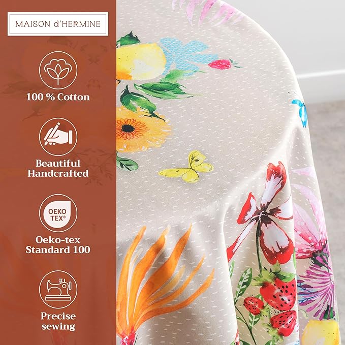 Maison d' Hermine Table Cloth Round Table 100% Cotton 63 Inches Tablecloth Reusable Decorative Everyday Use for Dining Room, Farmhouse, Home Party, Festive & Wedding Spring Summer - Jardin D'Ete - Fog