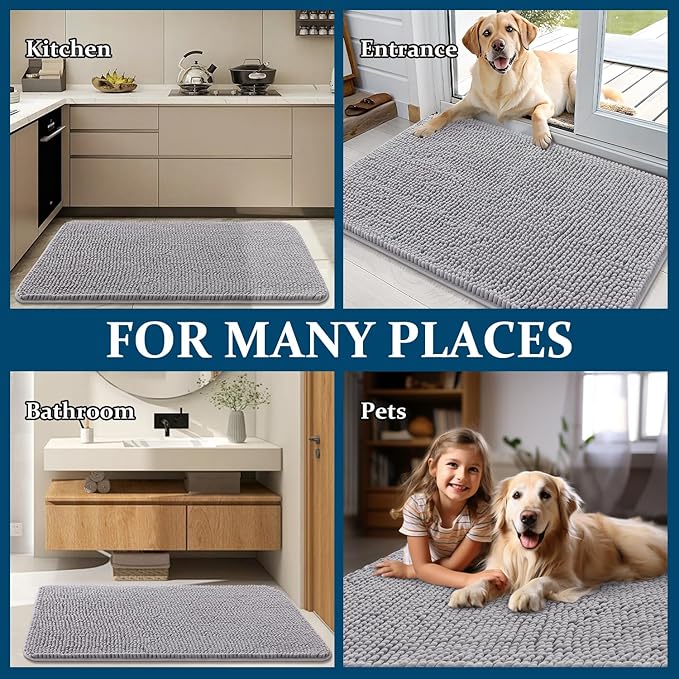 OLANLY Dog Door Mat for Muddy Paws 24x16, Absorbs Moisture and Dirt, Absorbent Non-Slip Washable Doormat, Quick Dry Chenille Mud Mat for Dogs, Entry Indoor Entryway Carpet for Inside Floor, Light Grey