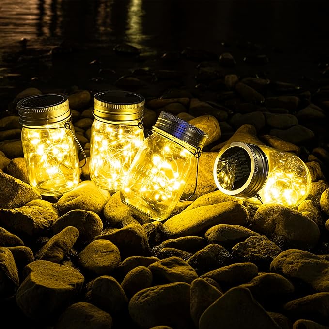 GIGALUMI Solar Mason Jar Lights, 8 Pack 30 Led String Fairy Lights Garden Lights Outdoor Waterproof Hanging Solar Lanterns for Outdoor, Garden, Patio, Lawn, Balcony Decoration