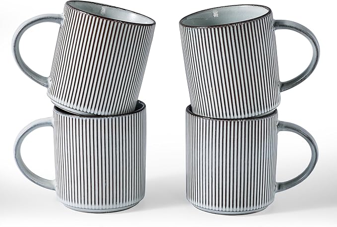 famiware Coffee Mug Set for 4, Star 16 oz Catering Mugs Cup Set with Handle for Coffee, Tea, Cocoa, Milk - Ceramic Stoneware Drinkware Set, Smoky Blue