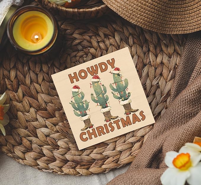 Howdy Christmas Western Cactus Cowgirl Boots Wooden Box Sign, Country Christmas Wood Signs For Home Office Desk Shelf Table Decor, Western Decorations, 5x5 Inch