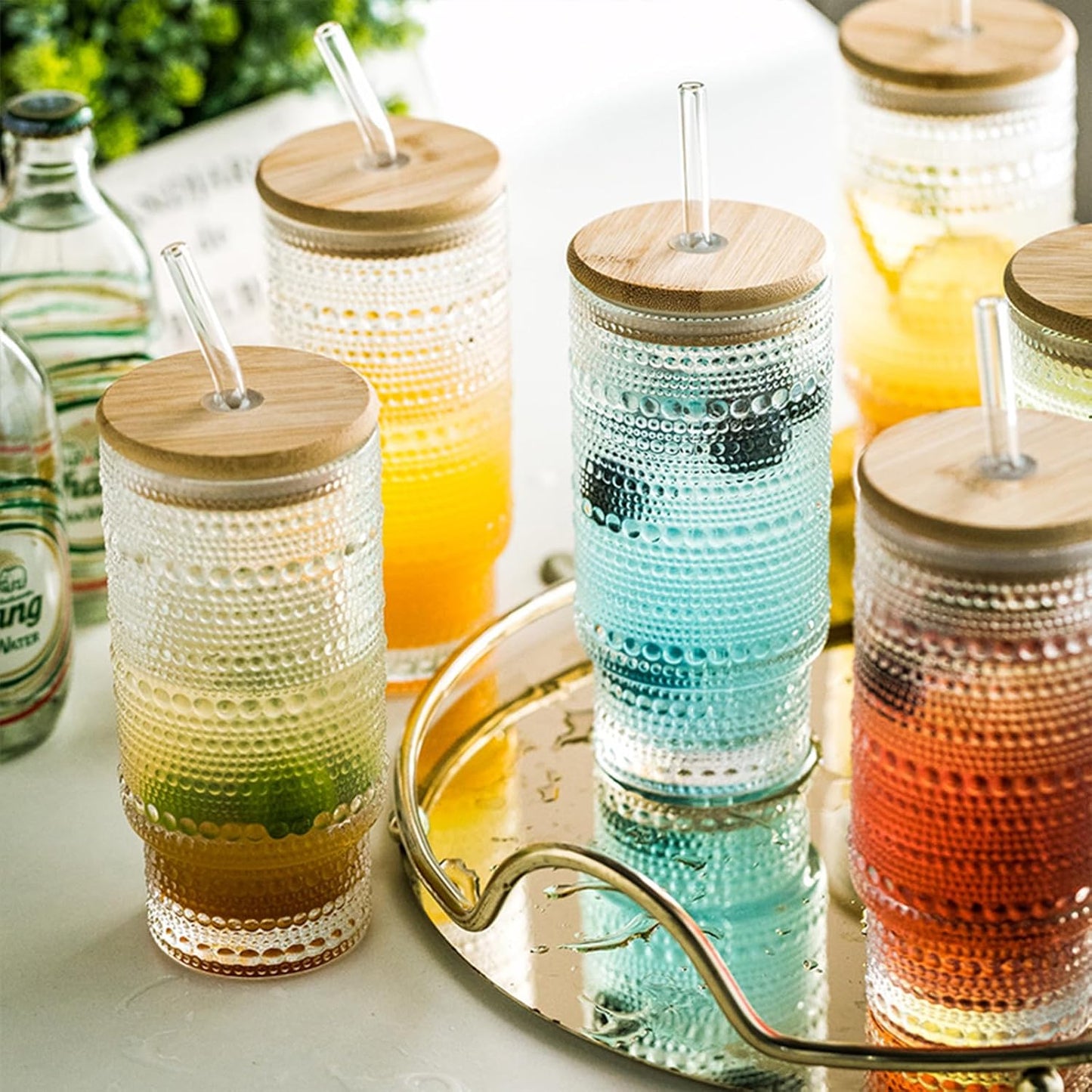 KEMORELA Set of 6 Hobnail Drinking Glasses with Cool Glassware Lid and Straw, 16oz XL Highball Bubble Cocktail, Old Fashioned Beverage Glasses, Romantic Water Glasses for Juice