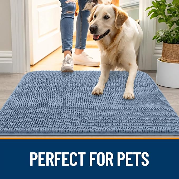 OLANLY Dog Door Mat for Muddy Paws 59x35, Absorbs Moisture and Dirt, Absorbent Non-Slip Washable Doormat, Quick Dry Chenille Mud Mat for Dogs, Entry Indoor Entryway Carpet for Inside Floor, Airy Blue