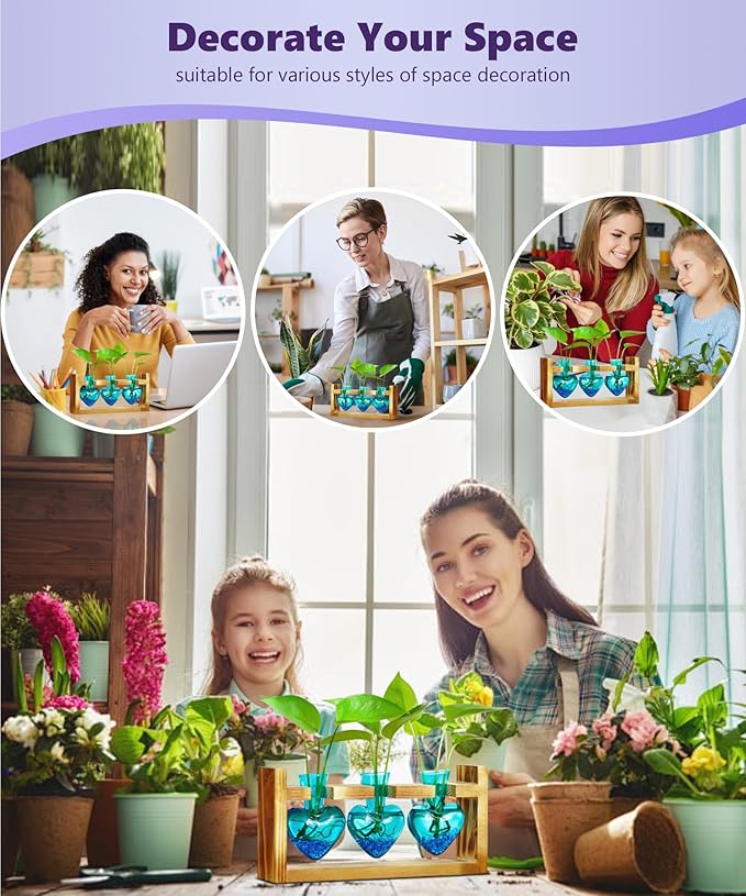 Nacome Plant Terrarium for Office Decor: Wooden Stand Tabletop Planter 3 Bulb Glass Vase Heart Shaped for Hydroponics Indoor Home - Birthday Gifts for Women Mom Grandma
