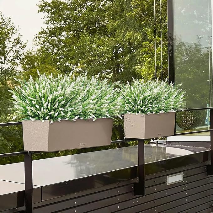 Artificial Fake Outdoor Plants Flowers for Summer Decoration,10 Bundles Faux Plastic Tall Monkey Grass Greenery UV Resistant Realistic for Home Outside Planter Window Porch Patio Garden-White