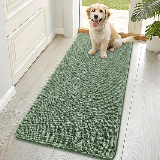 OLANLY Dog Door Mat for Muddy Paws 70x35, Absorbs Moisture and Dirt, Absorbent Non-Slip Washable Doormat, Quick Dry Chenille Mud Mat, Entry Indoor Entryway Carpet for Inside Floor, Olive Green