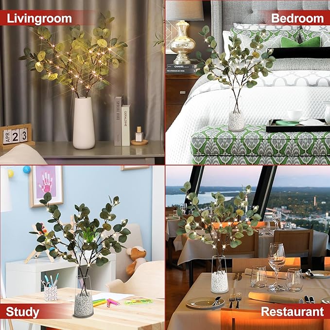 Lighted Eucalyptus Branches, 32 Inch Branches with 32 LED Lights, Battery Powered Eucalyptus Branches for Vases, Prelit Tree Braches for Home Wedding Indoor Outdoor Spring Decorations, Timer