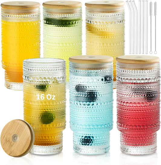 KEMORELA Set of 6 Hobnail Drinking Glasses with Cool Glassware Lid and Straw, 16oz XL Highball Bubble Cocktail, Old Fashioned Beverage Glasses, Romantic Water Glasses for Juice