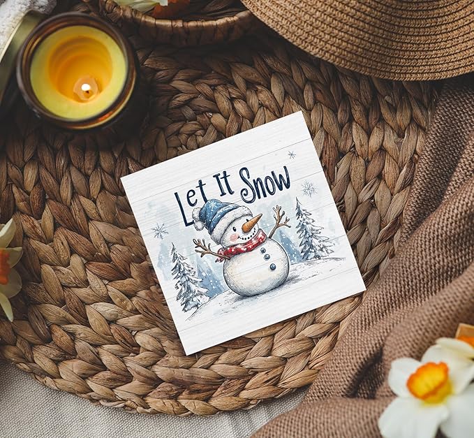 Let It Snow Sign, Christmas Snowman Wooden Box Sign, Farmhouse Winter Wood Signs For Home Office Desk Shelf Table Decor, Snowman Christmas Decorations, Winter Home Decor, 5x5 Inch