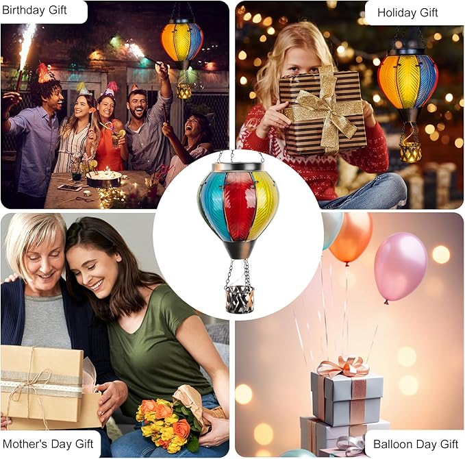 Hot Air Balloon Solar Lantern with Flickering Flame, Hanging Solar Lantern Metal Outdoor Waterproof Lights for Garden Yard Porch Patio Decorations Christmas Gifts (Multi-Colored Glass)