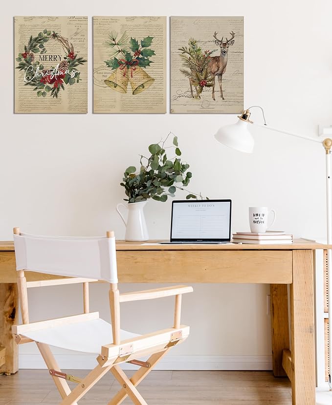 BIWSHA Christmas Wall Art Prints,Winter Retro Wall Posters Aesthetic Wall Art Set of 3,Reindeer Merry Christmas Decor Wall Prints for Living Room Bedroom Porch,11×14 Inch