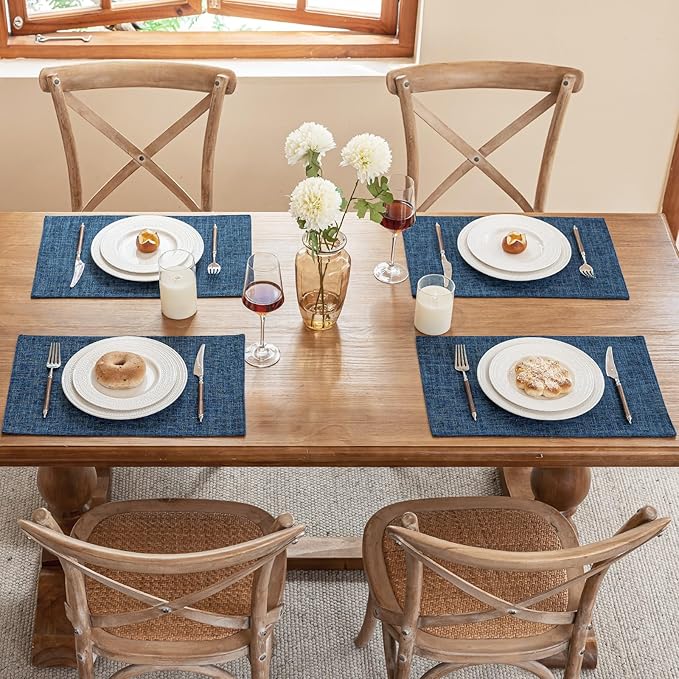 Blue Forest Placemats Set of 4, Dual-Layered Thickened Faux Linen Cloth Place Mats Heat Resistant Machine Washable Wrinkle Free Table Mats Indoor/Outdoor (Navy Blue)