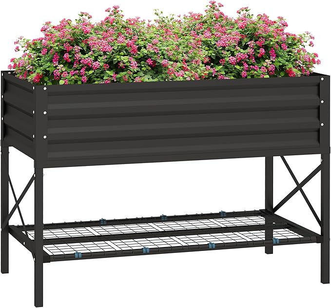 Outsunny Raised Garden Bed with Galvanized Steel Frame, Storage Shelf and Bed Liner, Elevated Planter Box with Legs for Vegetables, Flowers, Herbs, Black