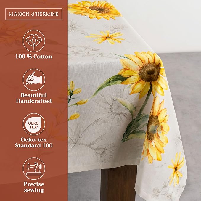 Maison d' Hermine Table Cloth Square Table 100% Cotton 60 x 60 Inches Tablecloth Reusable Decorative Everyday Use for Dining Room, Farmhouse, Home, Party, Festive & Wedding Spring Summer - Candice