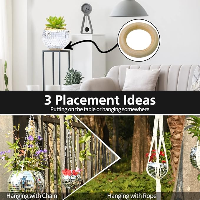 Disco Ball Planter, 8"+2×4" Planter, Silver Planter, Disco Ball Plant Hanger with Hanging Rope, Hanging Chain, Hook, Circle and Extra Mirror Pieces (8"+2×4" Silver)