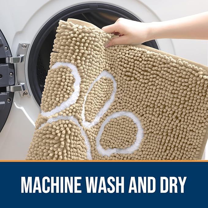 OLANLY Dog Door Mat for Muddy Paws 47x32, Paw Print Design, Absorbs Moisture and Dirt, Absorbent Non-Slip Washable Doormat, Quick Dry Chenille Mud Mat for Dogs, Entry Indoor Entryway Carpet, Beige