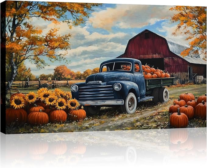 Autumn Wall Art Pumpkin Canvas Wall Decor Rustic Farmhouse Blue Truck Picture Fall Harvest Painting Vintage Artwork for Dining Room Living Room Bedroom Home Halloween Decor(Art-2,12.00"x18.00")