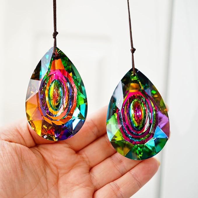 HDCRYSTALGIFTS 2PCS 76mm Crystal Prisms Suncatchers Hanging Ornament for Window, Chandelier Lamp Drops Pendant Rainbow Maker Home Garden Decoration (Single Face Colorful)