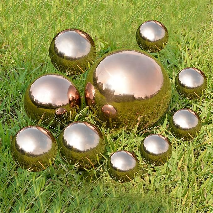 Nerien Gazing Ball, Stainless Steel Garden Mirror Globe, Polished Ornament Sphere, Hollow Floating Reflective Hemisphere, for Home Outdoor Pond Housewarming Swimming Pool Decoration, Rose Gold, 10Pcs