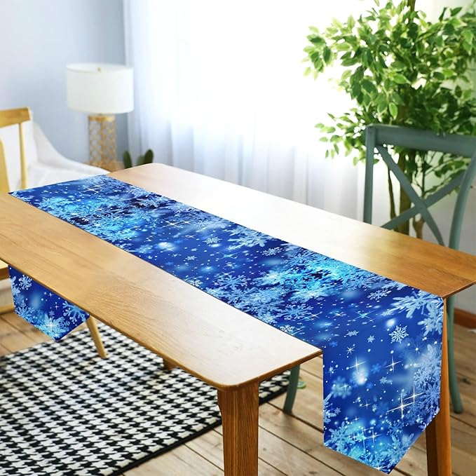 ALAZA Double-Sided Blue Winter Christmas Glitter Snowflakes Table Runner 18x72 Inches Long,Table Cloth Runner for Wedding Birthday Party Kitchen Dining Home Everyday Decor