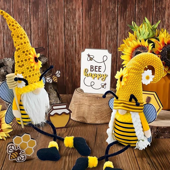 Lovinland Spring Decorations for Home - Honey Bumble Bee Sunflower Plush Stuffed Gnomes Doll - Summer Gnome Gifts for Women - Bee Decor Indoor
