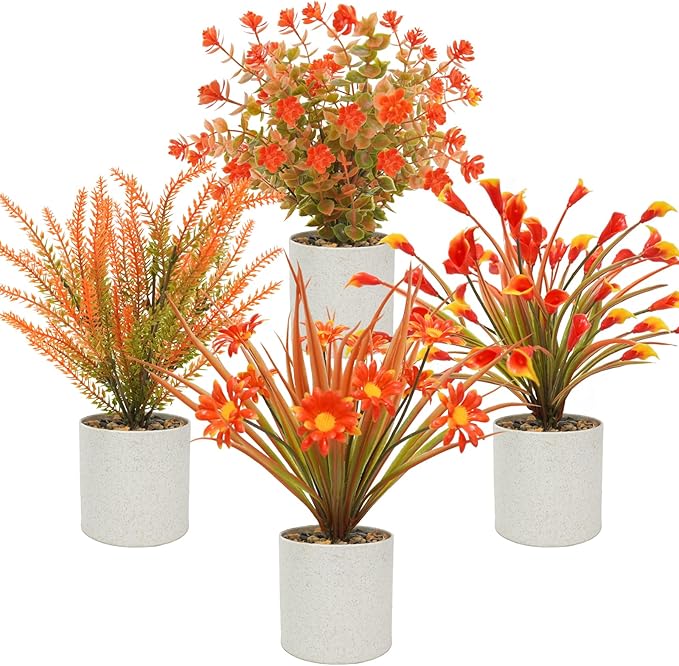 4 Pcs Small Potted Artificial Plants 10inch Fake Fall Plants in Pots Mini Faux Fall Flowers with Pots for Indoor Home Bathroom Bedroom Office Shelf Tabletop Fall Decor