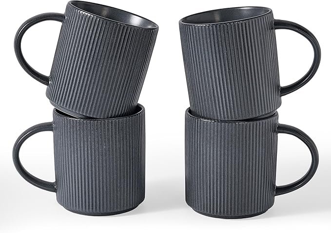 famiware Coffee Mug Set for 4, Star 16 oz Catering Mugs Cup Set with Handle for Coffee, Tea, Cocoa, Milk - Ceramic Stoneware Drinkware Set, Matte Dark Charcoal