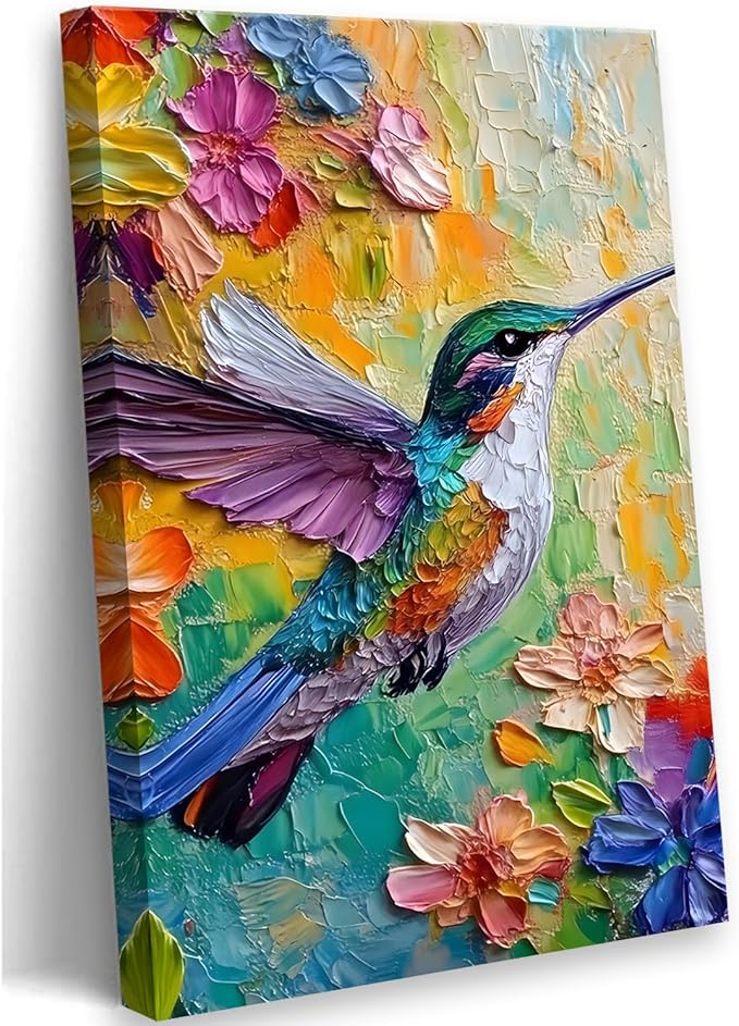 2D No Texture Colorful Painting Hummingbird Canvas Wall Art, Spring Flower Wall Decor, Humming Bird Picture for Wall Living Room Bathroom Bedroom Home Decoration 16*24 in (Stretched Canvas on A Wooden Frame)