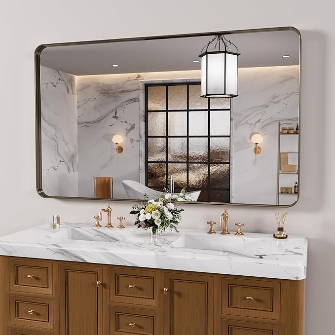 Bronze Bathroom Mirror 55x30 Inch, Brushed Bronze Metal Frame Mirror for Wall, Rounded Rectangle Bathroom Vanity Mirror with Tempered Glass, Anti-Rust, Horizontal/Vertical