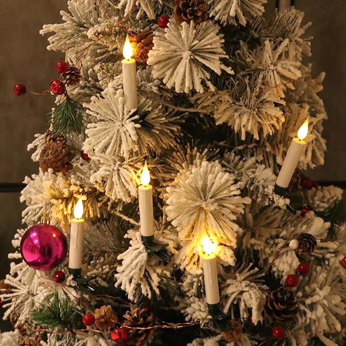 DRomance Christmas Tree Flameless Taper Candle Lights Battery Operated with 10-Key Remote and Timer, 30 Pack Plastic 3D Wick Flickering LED Taper Candles Multi-Using Home Garden Holiday Decor 3.4"