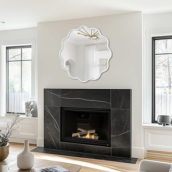 PROHOMEWARE White Round Mirror 28 Inch Wavy Bathroom Vanity Mirror White Frame Modern Wall Mirror Decorative Wall-Mounte Anti-Rust, Tempered Glass