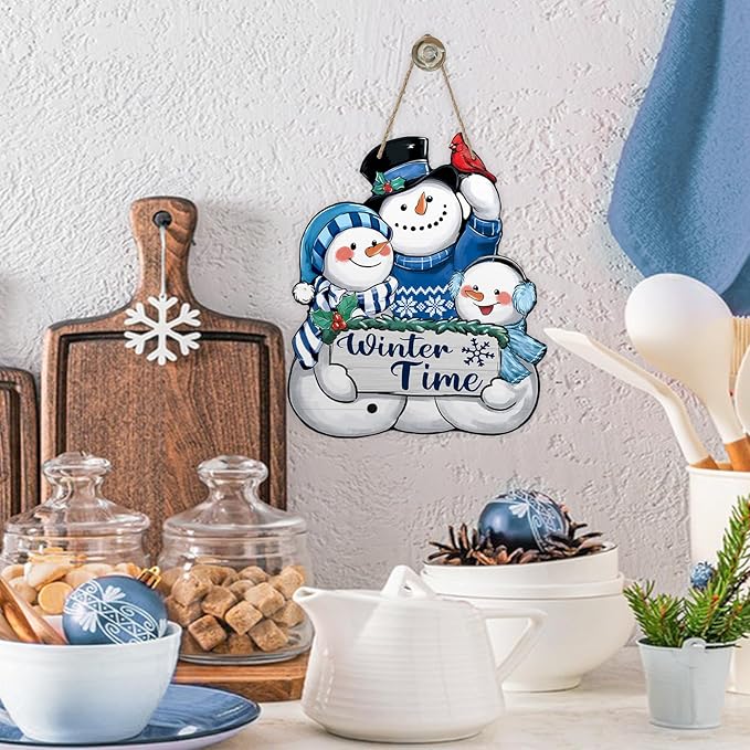 Winter Time Snowman Blue Front Door Sign, Cardinal Red Bird Wood Door Hanger Outdoor Outside Porch Decor, Christmas Seasonal Wooden Wreath Indoor Wall Hanging Decoration