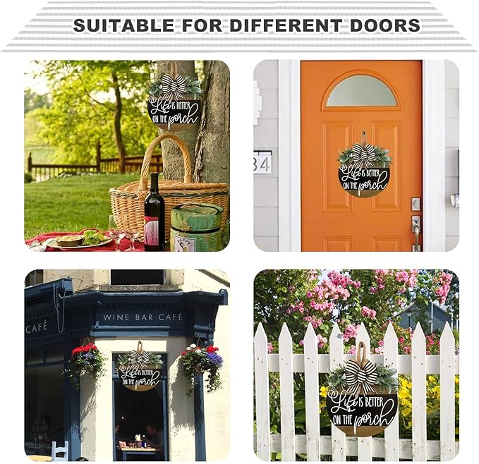 Life Is Better On The Porch Welcome Sign for Front Door, Rustic Round Wooden Wreaths Wall Hanging Outdoor Decor,Holiday Spring Summer Winter Fall Porch Fence Decorations for Home Gifts