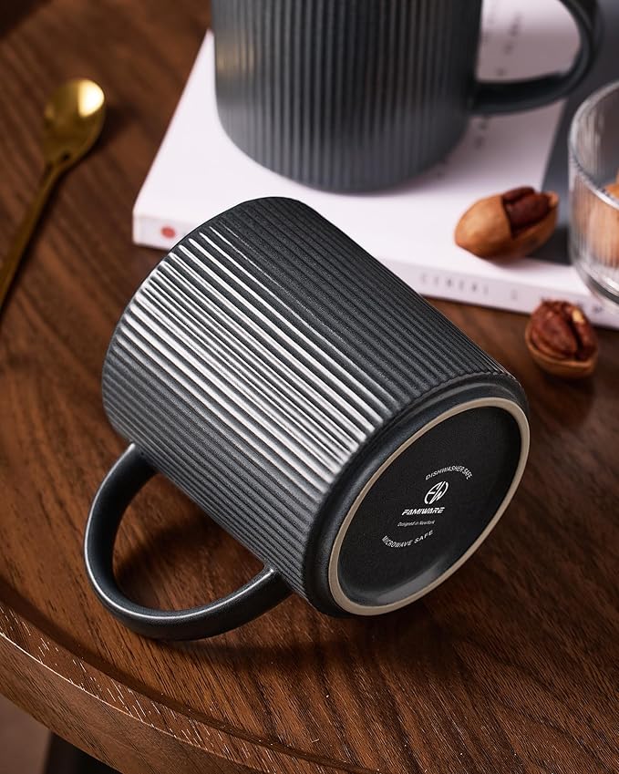 famiware Coffee Mug Set for 6, Star 16 oz Catering Mugs Cup Set with Handle for Coffee, Tea, Cocoa, Milk - Ceramic Stoneware Drinkware Set, Matte White + Matte Dark Charcoal