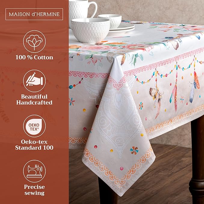 Maison d' Hermine Table Cloth Rectangle Table 100% Cotton 70 x 90 Inches Tablecloth Reusable Decorative for Dining Room, Farmhouse, Home, Party, Festive & Wedding Spring Summer - Ibiza - Beige