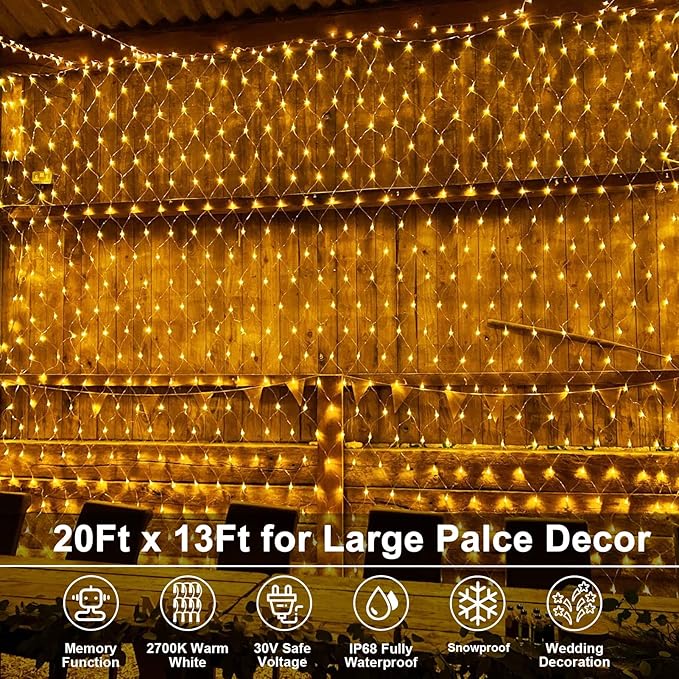 20Ft x 13Ft Net Lights Outdoor Mesh Lights Plug in, 720 LED Net Lights IP68 Fully Waterproof for Party Garden Backyard Wall Bush Christmas Decor (Warm White)