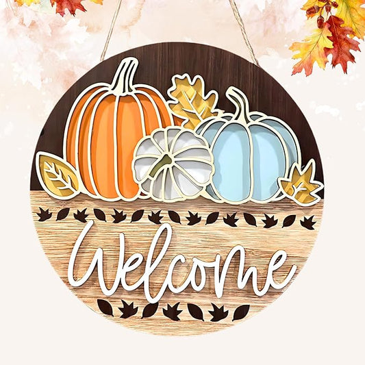 Fall Door Decor Pumpkin Welcome Sign – 3D Layered Wood Fall Door Hanger with Autumn Leaves – Rustic Front Door Sign for Fall, Thanksgiving – Elegant Cutout Pumpkin Design (10"x10")